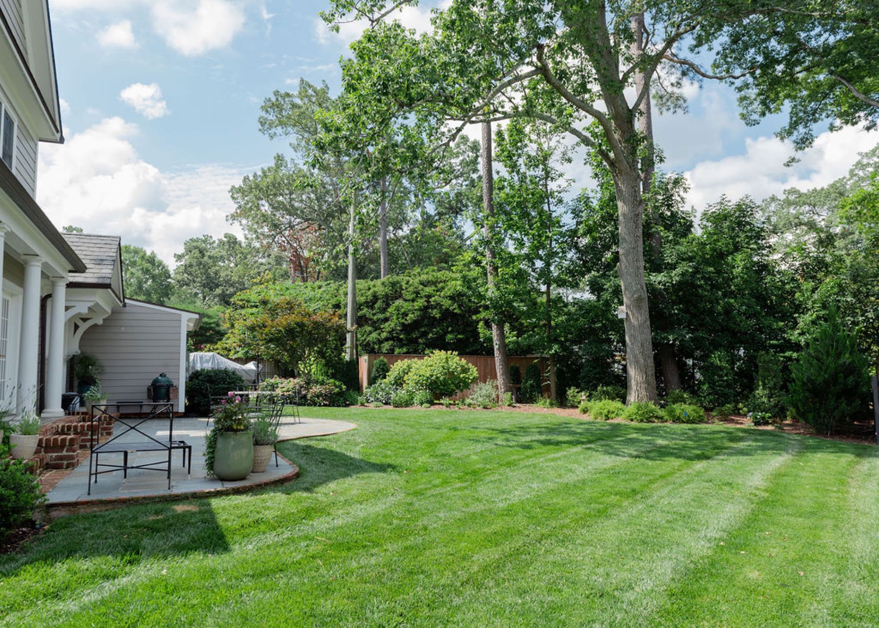 Backyard patio with mature canopy